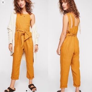 FREE PEOPLE Coladas All Day Linen One Piece Overalls Jumpsuit in Yellow